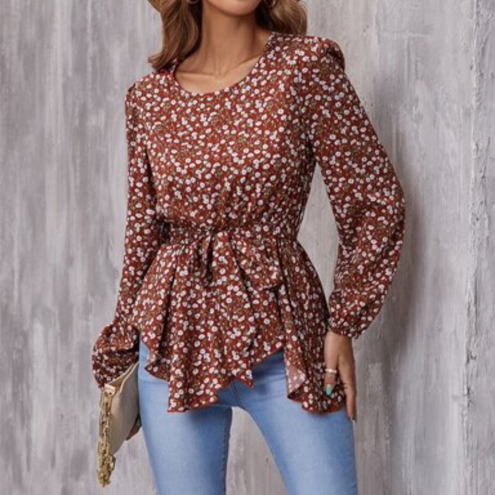 Bohemian Floral Print Lantern Sleeve Top Cottagecore - Picture 4 of 5